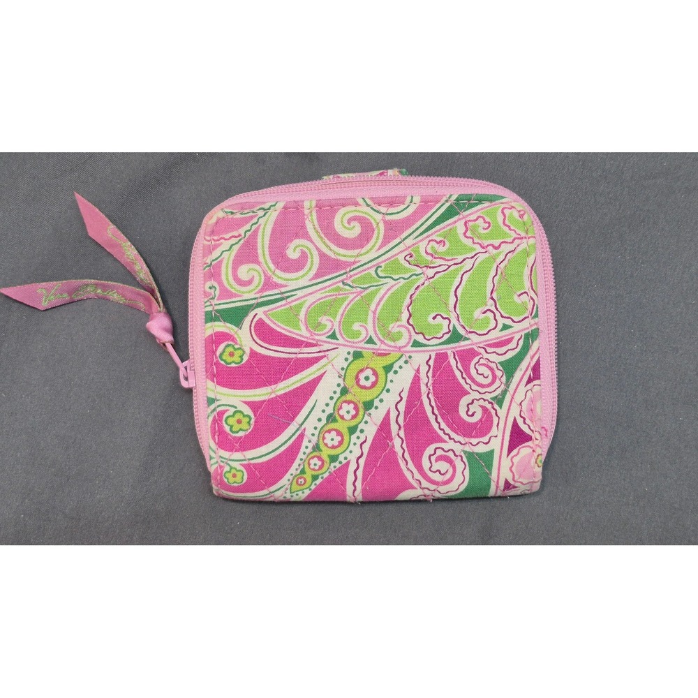 Vera Bradley Pink Green Paisley Quilted Small Square Zip Around Wallet ID Window
